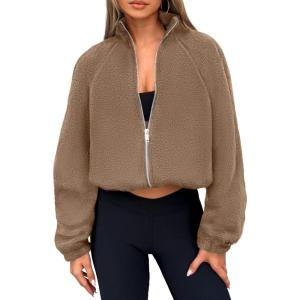 imagePRETTYGARDEN Womens 2025 Winter Fleece Sherpa Jacket Trendy Long Sleeve Zip Up Cropped Warm Coat Fall Fashion Workout ClothesKhaki