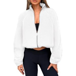 imagePRETTYGARDEN Womens 2025 Winter Fleece Sherpa Jacket Trendy Long Sleeve Zip Up Cropped Warm Coat Fall Fashion Workout ClothesWhite