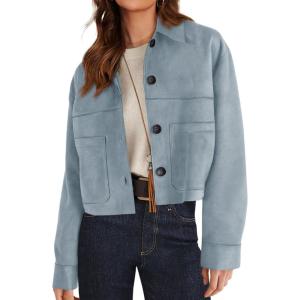imagePRETTYGARDEN Womens Faux Suede Cropped Jacket Casual Lightweight Fall Fashion 2025 Winter Coats Outerwear Trendy ClothesLight Blue