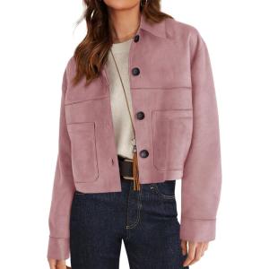 imagePRETTYGARDEN Womens Faux Suede Cropped Jacket Casual Lightweight Fall Fashion 2025 Winter Coats Outerwear Trendy ClothesPink