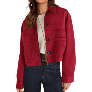 imagePRETTYGARDEN Womens Faux Suede Cropped Jacket Casual Lightweight Fall Fashion 2025 Winter Coats Outerwear Trendy ClothesRed