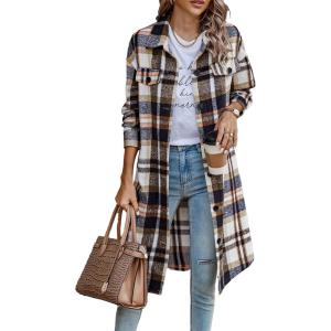 imagePRETTYGARDEN Womens Plaid Shacket Jacket Fall Fashion 2025 Long Sleeve Button Up Flannel Shirt Winter Clothing Woolen CoatsBrown