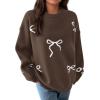 imagePRETTYGARDEN Fall Long Sleeve Pullover Sweaters for Women 2025 Trendy Crewneck Casual Cute Bow Chunky Knit Oversized SweaterBrown