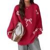 imagePRETTYGARDEN Fall Long Sleeve Pullover Sweaters for Women 2025 Trendy Crewneck Casual Cute Bow Chunky Knit Oversized SweaterRed