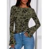 imagePRETTYGARDEN Women Long Sleeve Floral Mesh Tops Blouse 2025 Fall Trendy Boat Neck Ruched Fitted Shirt Going Out Date OutfitsArmy Green