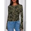 imagePRETTYGARDEN Women Long Sleeve Floral Mesh Tops Blouse 2025 Fall Trendy Boat Neck Ruched Fitted Shirt Going Out Date OutfitsArmy Green