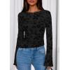 imagePRETTYGARDEN Women Long Sleeve Floral Mesh Tops Blouse 2025 Fall Trendy Boat Neck Ruched Fitted Shirt Going Out Date OutfitsBlack