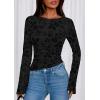 imagePRETTYGARDEN Women Long Sleeve Floral Mesh Tops Blouse 2025 Fall Trendy Boat Neck Ruched Fitted Shirt Going Out Date OutfitsBlack