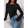 imagePRETTYGARDEN Women Long Sleeve Floral Mesh Tops Blouse 2025 Fall Trendy Boat Neck Ruched Fitted Shirt Going Out Date OutfitsBlack