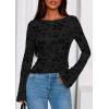 imagePRETTYGARDEN Women Long Sleeve Floral Mesh Tops Blouse 2025 Fall Trendy Boat Neck Ruched Fitted Shirt Going Out Date OutfitsBlack