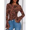 imagePRETTYGARDEN Women Long Sleeve Floral Mesh Tops Blouse 2025 Fall Trendy Boat Neck Ruched Fitted Shirt Going Out Date OutfitsBrown