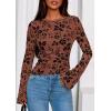 imagePRETTYGARDEN Women Long Sleeve Floral Mesh Tops Blouse 2025 Fall Trendy Boat Neck Ruched Fitted Shirt Going Out Date OutfitsBrown