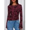 imagePRETTYGARDEN Women Long Sleeve Floral Mesh Tops Blouse 2025 Fall Trendy Boat Neck Ruched Fitted Shirt Going Out Date OutfitsBurgundy