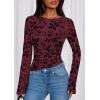 imagePRETTYGARDEN Women Long Sleeve Floral Mesh Tops Blouse 2025 Fall Trendy Boat Neck Ruched Fitted Shirt Going Out Date OutfitsBurgundy