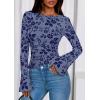 imagePRETTYGARDEN Women Long Sleeve Floral Mesh Tops Blouse 2025 Fall Trendy Boat Neck Ruched Fitted Shirt Going Out Date OutfitsDusty Blue