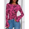 imagePRETTYGARDEN Women Long Sleeve Floral Mesh Tops Blouse 2025 Fall Trendy Boat Neck Ruched Fitted Shirt Going Out Date OutfitsHot Pink