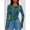 imagePRETTYGARDEN Women Long Sleeve Floral Mesh Tops Blouse 2025 Fall Trendy Boat Neck Ruched Fitted Shirt Going Out Date OutfitsLake Blue