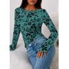 imagePRETTYGARDEN Women Long Sleeve Floral Mesh Tops Blouse 2025 Fall Trendy Boat Neck Ruched Fitted Shirt Going Out Date OutfitsLake Blue
