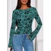 imagePRETTYGARDEN Women Long Sleeve Floral Mesh Tops Blouse 2025 Fall Trendy Boat Neck Ruched Fitted Shirt Going Out Date OutfitsLake Blue
