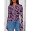 imagePRETTYGARDEN Women Long Sleeve Floral Mesh Tops Blouse 2025 Fall Trendy Boat Neck Ruched Fitted Shirt Going Out Date OutfitsPurple