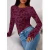 imagePRETTYGARDEN Women Long Sleeve Floral Mesh Tops Blouse 2025 Fall Trendy Boat Neck Ruched Fitted Shirt Going Out Date OutfitsPurple Red
