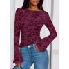 imagePRETTYGARDEN Women Long Sleeve Floral Mesh Tops Blouse 2025 Fall Trendy Boat Neck Ruched Fitted Shirt Going Out Date OutfitsPurple Red
