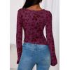 imagePRETTYGARDEN Women Long Sleeve Floral Mesh Tops Blouse 2025 Fall Trendy Boat Neck Ruched Fitted Shirt Going Out Date OutfitsPurple Red