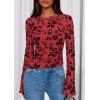 imagePRETTYGARDEN Women Long Sleeve Floral Mesh Tops Blouse 2025 Fall Trendy Boat Neck Ruched Fitted Shirt Going Out Date OutfitsRed