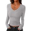 imagePRETTYGARDEN Womens Long Sleeve T Shirts 2025 Fall Trendy Deep V Neck Slim Fit Basic Crop Tops Casual Going Out TopGrey