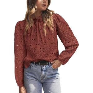 imagePRETTYGARDEN Tops for Women Trendy 2025 Fall Long Sleeve Blouses Dressy Casual Embroidered Eyelet Shirts Going Out OutfitsBrown Red