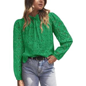 imagePRETTYGARDEN Tops for Women Trendy 2025 Fall Long Sleeve Blouses Dressy Casual Embroidered Eyelet Shirts Going Out OutfitsGreen