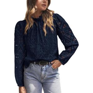 imagePRETTYGARDEN Tops for Women Trendy 2025 Fall Long Sleeve Blouses Dressy Casual Embroidered Eyelet Shirts Going Out OutfitsNavy