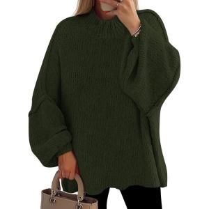imagePRETTYGARDEN Womens 2025 Fall Oversized Sweaters Chunky Knit Mock Neck Long Sleeve Casual Trendy Pullover Winter ClothesDark Army Green