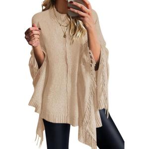 imagePRETTYGARDEN Womens 2025 Fall Winter Poncho Sweaters Trendy Chunky Knit Fringe Shawls Wraps Pullover Tops Holiday OutfitsBeige