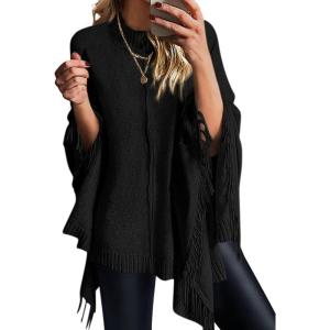 imagePRETTYGARDEN Womens 2025 Fall Winter Poncho Sweaters Trendy Chunky Knit Fringe Shawls Wraps Pullover Tops Holiday OutfitsBlack