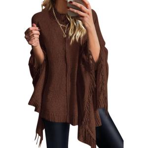 imagePRETTYGARDEN Womens 2025 Fall Winter Poncho Sweaters Trendy Chunky Knit Fringe Shawls Wraps Pullover Tops Holiday OutfitsBrown