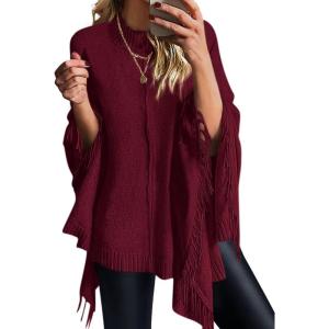 imagePRETTYGARDEN Womens 2025 Fall Winter Poncho Sweaters Trendy Chunky Knit Fringe Shawls Wraps Pullover Tops Holiday OutfitsBurgundy