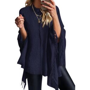 imagePRETTYGARDEN Womens 2025 Fall Winter Poncho Sweaters Trendy Chunky Knit Fringe Shawls Wraps Pullover Tops Holiday OutfitsNavy Blue