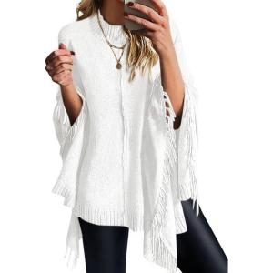 imagePRETTYGARDEN Womens 2025 Fall Winter Poncho Sweaters Trendy Chunky Knit Fringe Shawls Wraps Pullover Tops Holiday OutfitsWhite