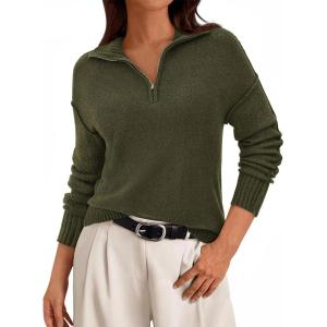 imagePRETTYGARDEN Womens Sweaters Quarter Zip Pullover Early Fall Fashion 2025 Long Sleeve V Neck Collared Knit Winter Jumper TopsArmy Green