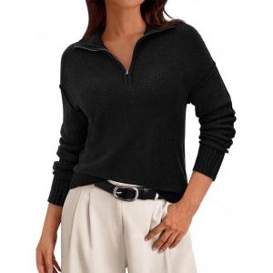 imagePRETTYGARDEN Womens Sweaters Quarter Zip Pullover Early Fall Fashion 2025 Long Sleeve V Neck Collared Knit Winter Jumper TopsBlack