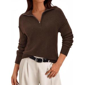 imagePRETTYGARDEN Womens Sweaters Quarter Zip Pullover Early Fall Fashion 2025 Long Sleeve V Neck Collared Knit Winter Jumper TopsBrown