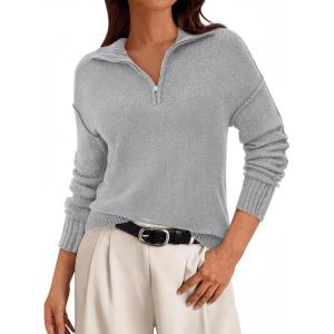 imagePRETTYGARDEN Womens Sweaters Quarter Zip Pullover Early Fall Fashion 2025 Long Sleeve V Neck Collared Knit Winter Jumper TopsGrey
