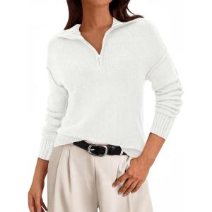 imagePRETTYGARDEN Womens Sweaters Quarter Zip Pullover Early Fall Fashion 2025 Long Sleeve V Neck Collared Knit Winter Jumper TopsWhite