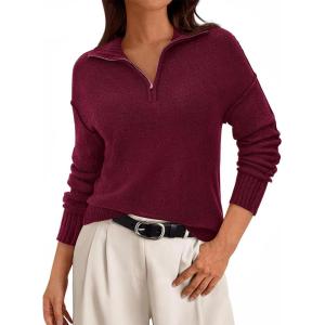 imagePRETTYGARDEN Womens Sweaters Quarter Zip Pullover Early Fall Fashion 2025 Long Sleeve V Neck Collared Knit Winter Jumper TopsWine Red