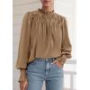 imagePRETTYGARDEN Blouses for Women Dressy Casual Fall Outfits 2025 Frill Neck Long Sleeve Shirts Satin Work Business Casual TopsKhaki