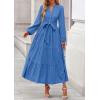 imagePRETTYGARDEN Fall Dresses for Women 2025 Long Sleeve V Neck Belted Ruffle A Line Flowy Boho Maxi Wedding Guest Dress PocketsBlue