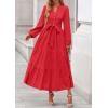 imagePRETTYGARDEN Fall Dresses for Women 2025 Long Sleeve V Neck Belted Ruffle A Line Flowy Boho Maxi Wedding Guest Dress PocketsRed
