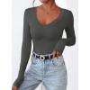 imagePRETTYGARDEN Long Sleeve Shirts for Women 2025 Fall Fashion V Neck Going Out Tops Slim Fit Basic Tees Y2K ClothesDark Grey