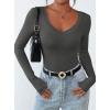 imagePRETTYGARDEN Long Sleeve Shirts for Women 2025 Fall Fashion V Neck Going Out Tops Slim Fit Basic Tees Y2K ClothesDark Grey